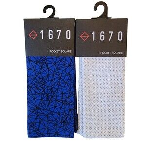 2-PK, 1670 Pocket Squares Royal Blue Geometric Pattern & White Polka Dot, Cotton